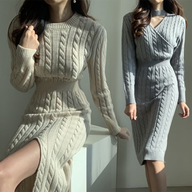 Đầm sweater Dệt Kim Cổ Tròn Trước Và Sau Thời Trang Thu Đông Hàn Quốc 2022