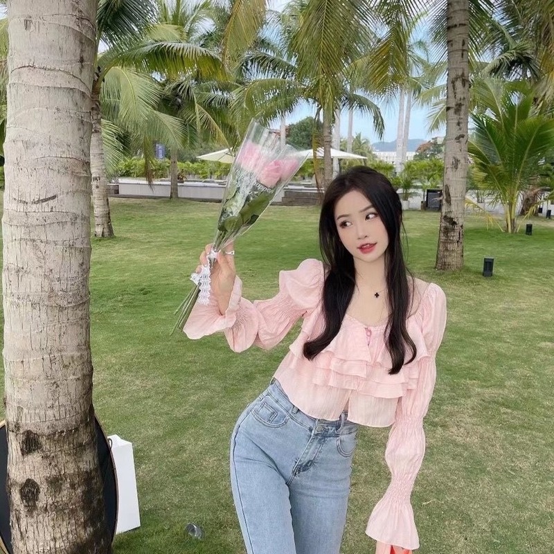 Áo Sơ Mi Chiffon Tay Dài Viền Bèo Màu Xanh Dương Thời Trang Mùa Xuân Cho Nữ