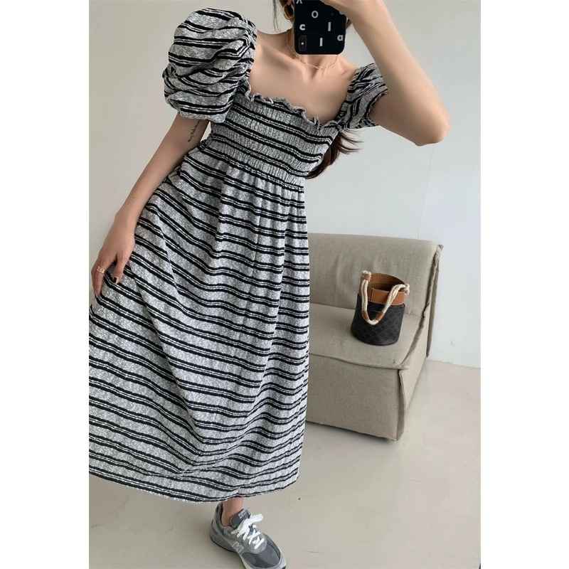 Đầm Dài Tay Ngắn Phồng Cổ Vuông Eo Cao Họa Tiết Kẻ Sọc Phong Cách Hàn Quốc Thời Trang Cho Nữ
