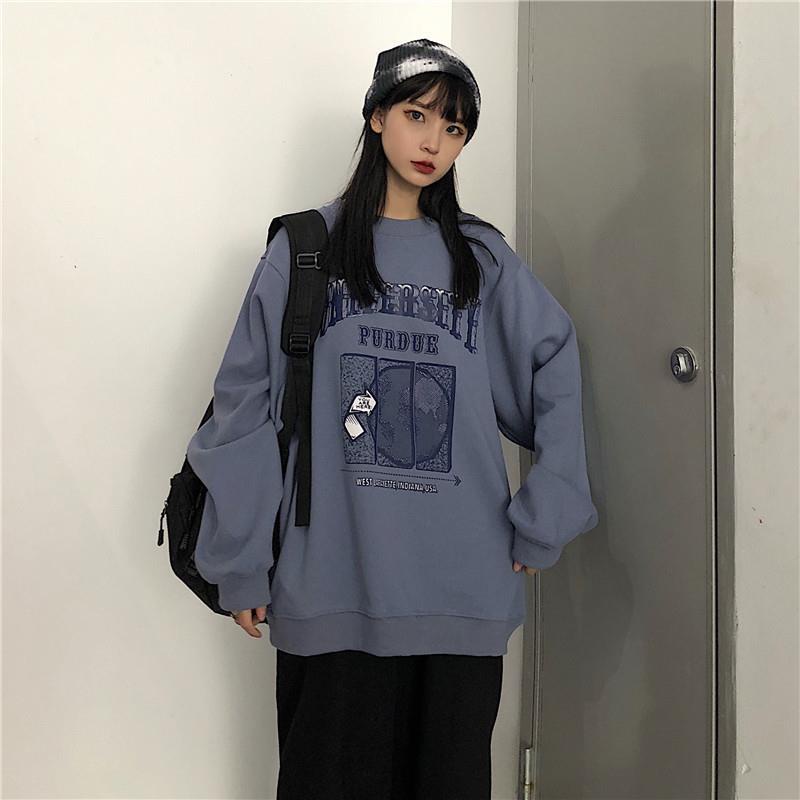 Áo Hoodie Mỏng Tay Dài Cổ Tròn Dáng Rộng Phong Cách Harajuku Thời Trang Hàn Quốc 2019 Cho Nữ