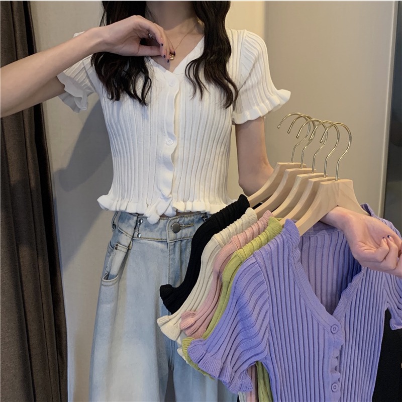 Áo Cardigan Ngắn Tay Cổ Chữ V Xinh Xắn Dành Cho Nữ