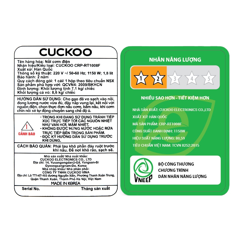 Nồi cơm áp suất điện tử Cuckoo CRP-RT1008F/WHPGVN 1.8 lít  1150W lòng nồi chống dính,Chính hãng BH 2năm - Sx Hàn Quốc