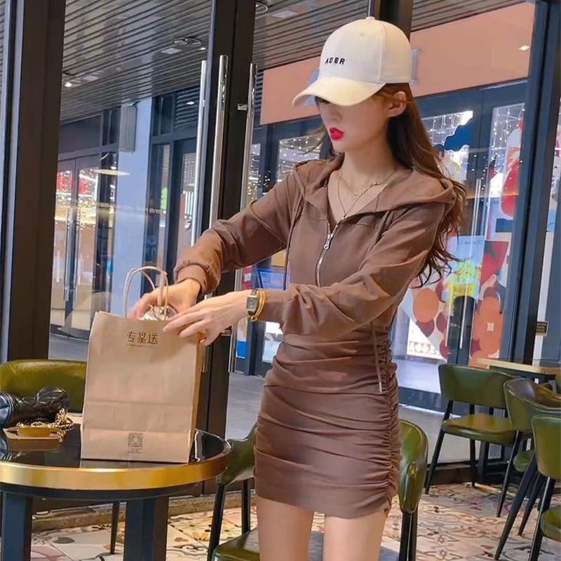 COZOK Đầm hoodie tay dài dáng ôm thời trang Hàn Quốc cho nữ