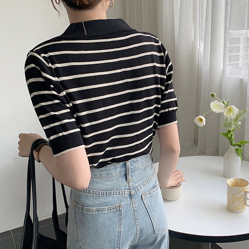 Áo Thun Len Nữ Tay Ngắn Kẻ Sọc Hàn Quốc Thời Trang Teen Hiện Đại