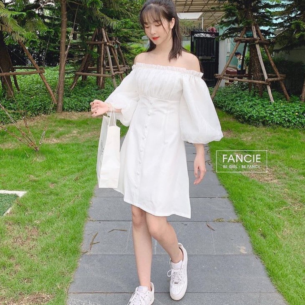 Váy trắng cúc bọc trễ vai nhún ngực tay bồng / Đầm trắng dự tiệc kỷ yếu prom cực xinh