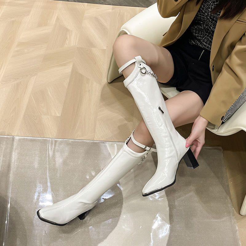 Giày Bốt Martin Mũi Vuông Đế Dày Phối Dây Xích Đan Chéo Phong Cách Anh Quốc Thời Trang Mới 2022 Cho Nữ