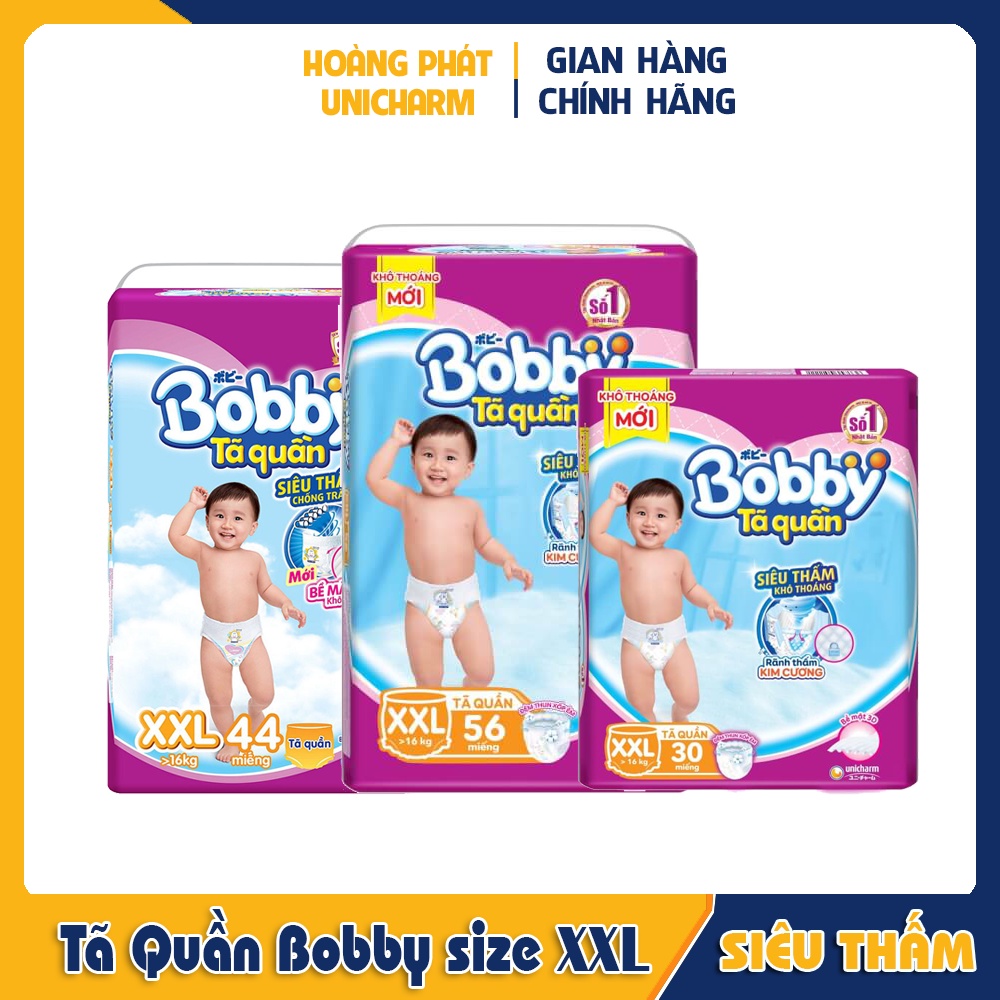 Bỉm tã quần Bobby size XXL 12, 30, 44 và 56 miếng cho bé trên 16kg