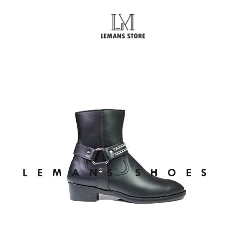 Harness Boots da bò trơn nhẵn, bốt cao cổ kéo khoá YKK có dây xích LeMans cao 5cm