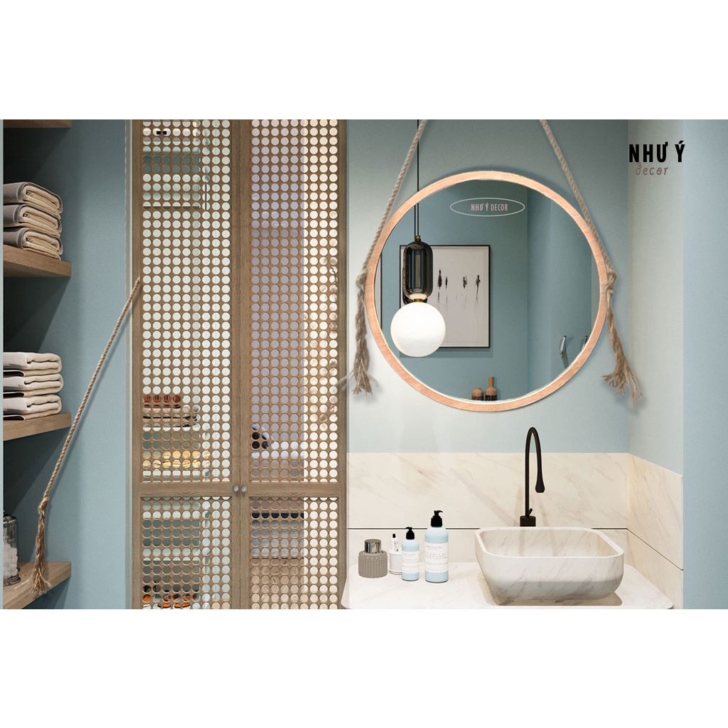 Gương soi nhà tắm tròn viền gỗ treo tường cao cấp D40- Gương tròn decor phòng tắm hoặc phòng ngủ
