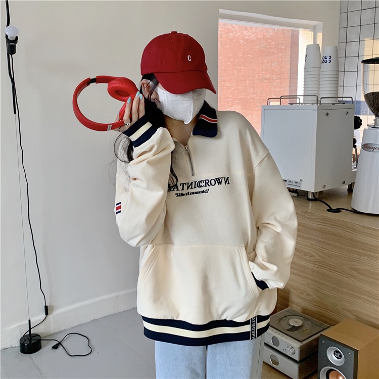 Áo sweater cổ polo thêu chữ thời trang xuân thu cho nữ