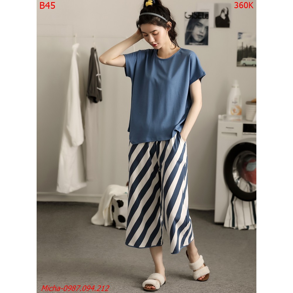 Bộ mặc nhà dáng lỡ áo xanh quần kẻ chéo - Micha B45