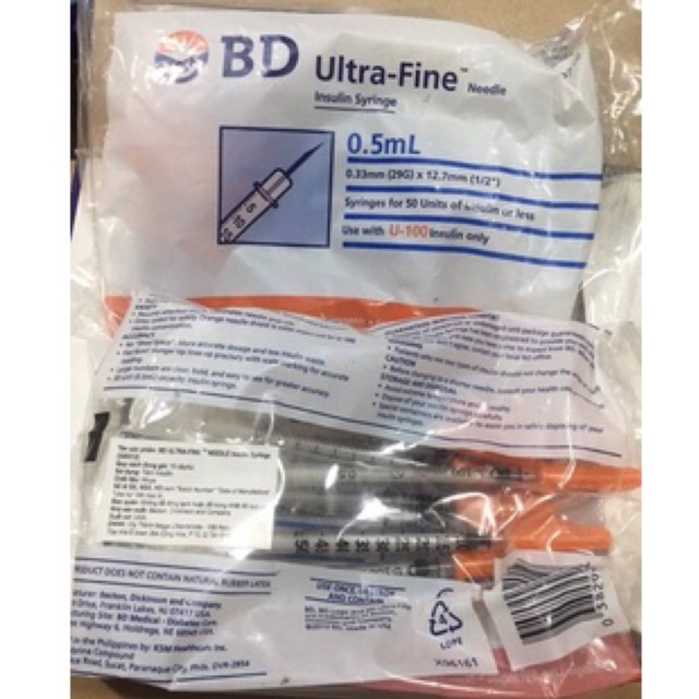 Bơm kim tiêm insulin BD ultra fine(usa Mỹ)0.5ml dung tích(thể tích dung dịch)50U 0.33mm(29G)x12.7mm(kim chích tiểu đường