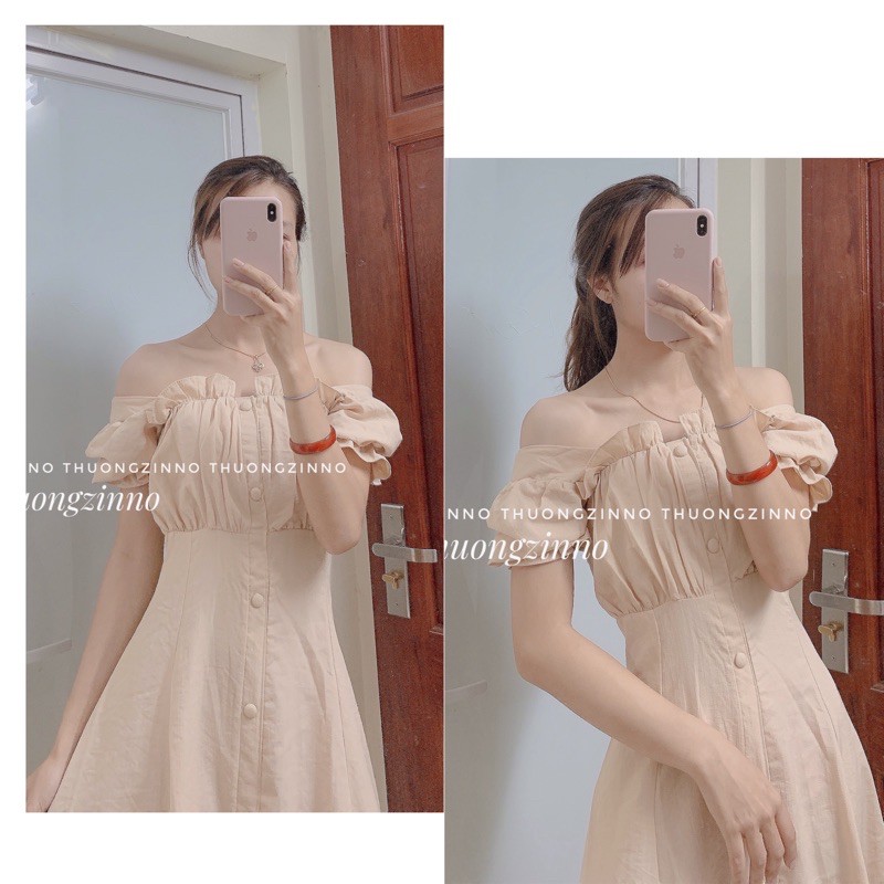 Váy cúc bọc Laly thiết kế trẻ trung mặc được hai kiểu Đầm ulzzang trễ vai