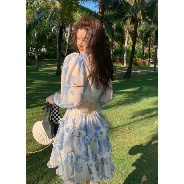 2023 Đầm mini  Voan Ngắn Tay Dài In Họa Tiết Hoa Xanh Dương Thời Trang Mùa Hè Phong Cách Hàn Quốc Cho Nữ