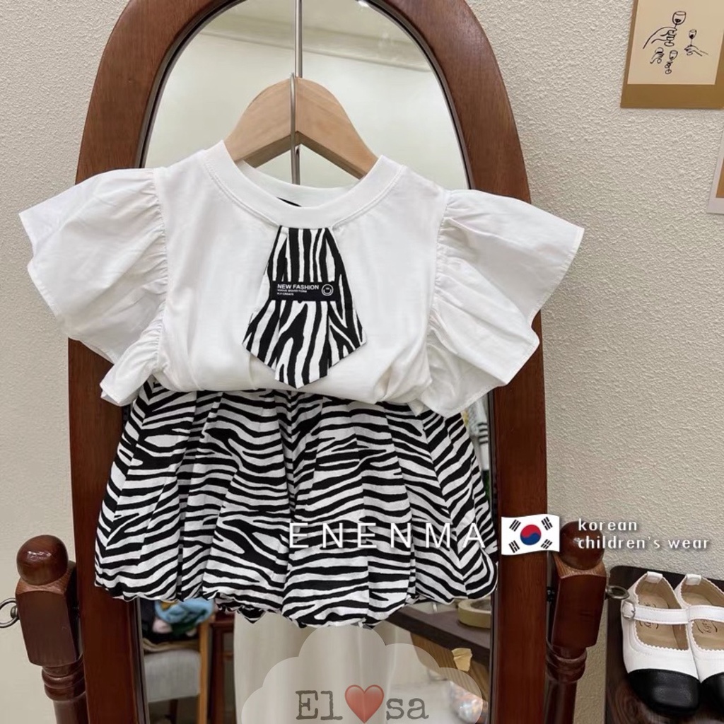 Váy bé gái - Set áo cotton họa tiết cà vạt kèm quần báo vằn siêu xinh