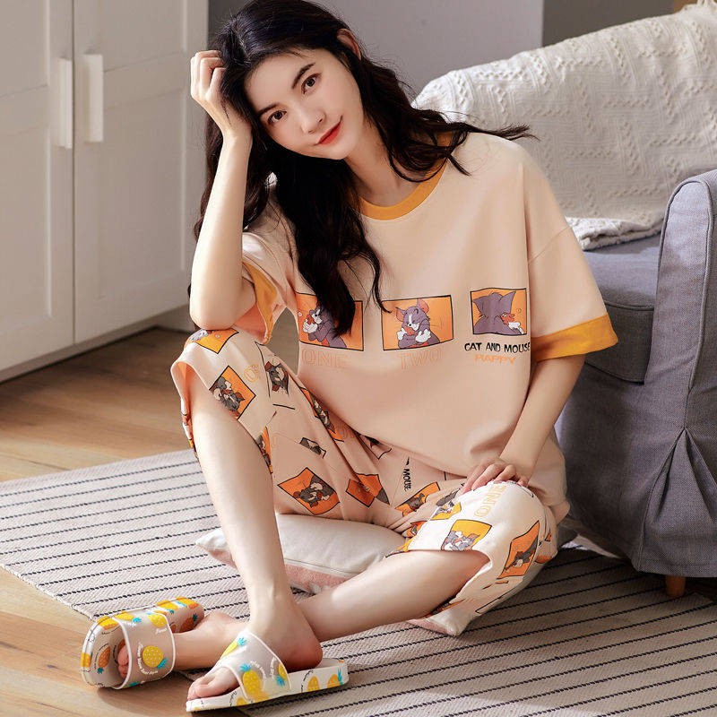 Bộ Đồ Mặc Ở Nhà Tay Lửng Dáng Rộng Chất Liệu Cotton Phong Cách Hàn Quốc Thời Trang Mùa Hè Cho Nữ