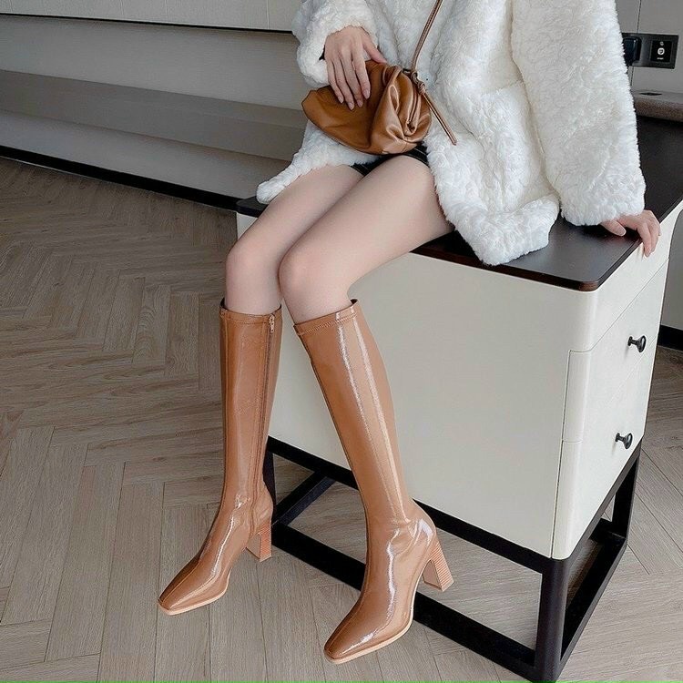 SẴN Boots Đùi Nữ Cao Cổ Da Bóng khóa sau dưới gối cao cấp  hot 2023 Full box 7cm B019