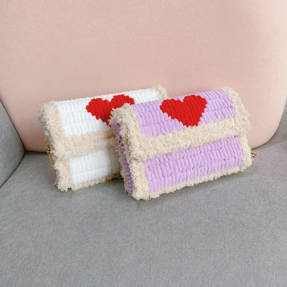 Túi tự đan handmade phối trái tim đỏ, túi đeo chéo dễ thương cá tính - Bộ phụ kiện đầy đủ LX602