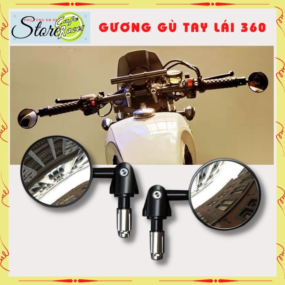 ☌Gương gù tay lái CAFE RACER kính tròn cao cấp làm kiểng xe độ xoay 180