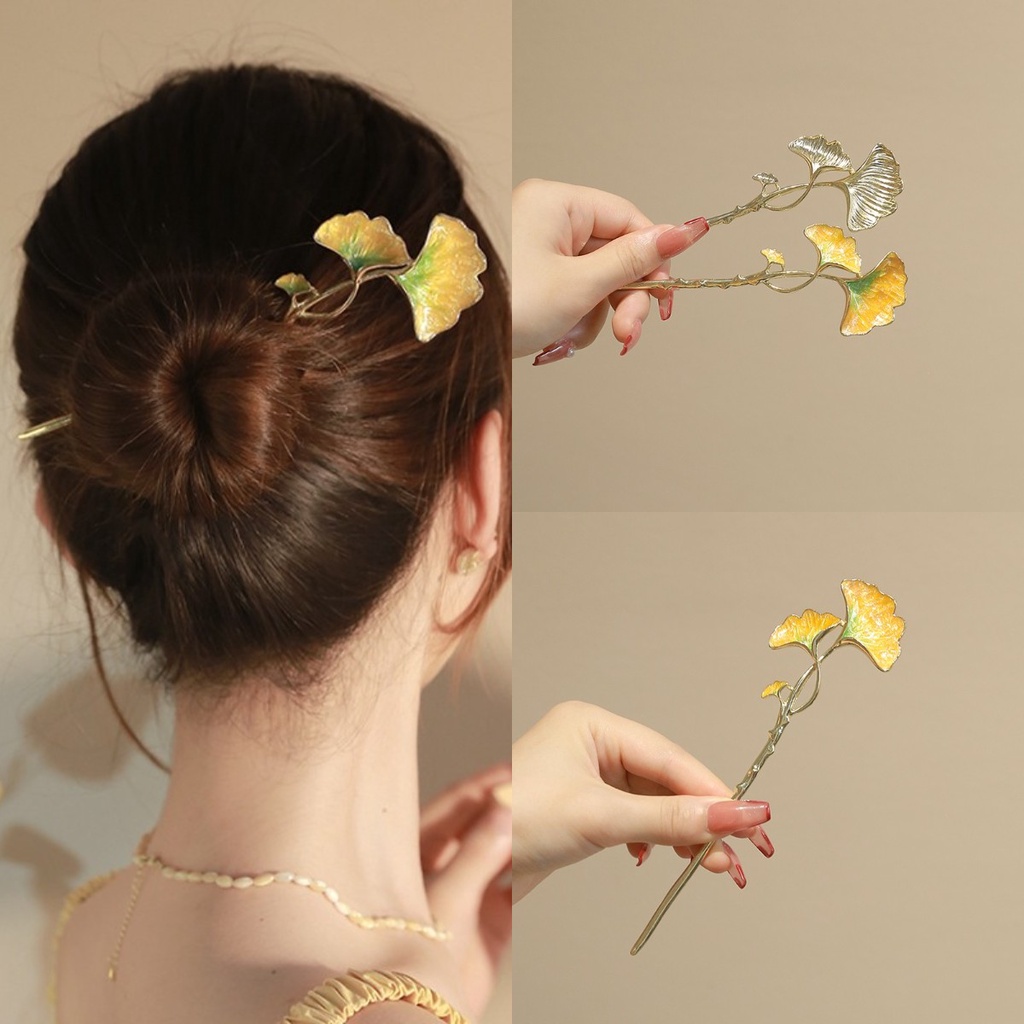 Kẹp Tóc Hình Lá Ginkgo Màu Vàng Phong Cách Trung Hoa
