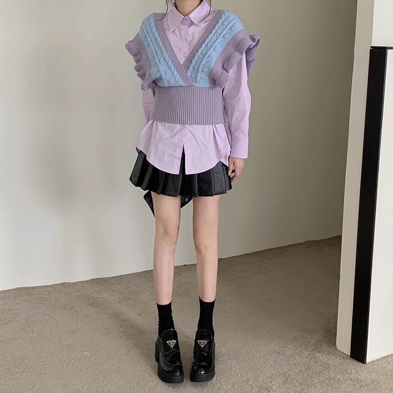 Áo Dệt Kim Sát Nách Cổ Chữ V Màu Tím Phong Cách Vintage Thời Trang Hàn Quốc