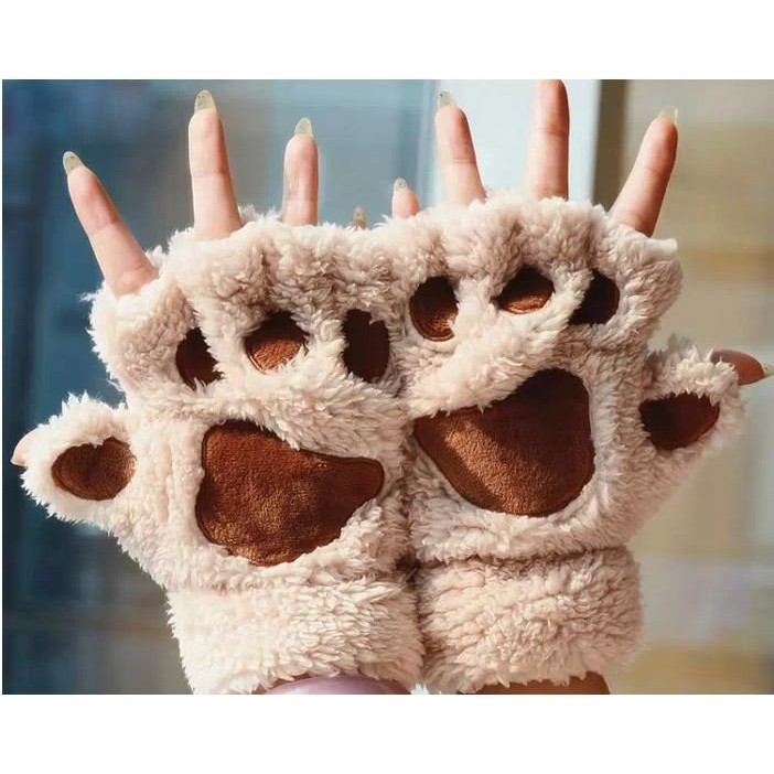 Bao tay thú bông thiết kế hở ngón giữ ấm mùa đông hình chân gấu cho cả nam lẫn nữ-Găng tay nỉ len nữa ngón giữ nhiệt tốt