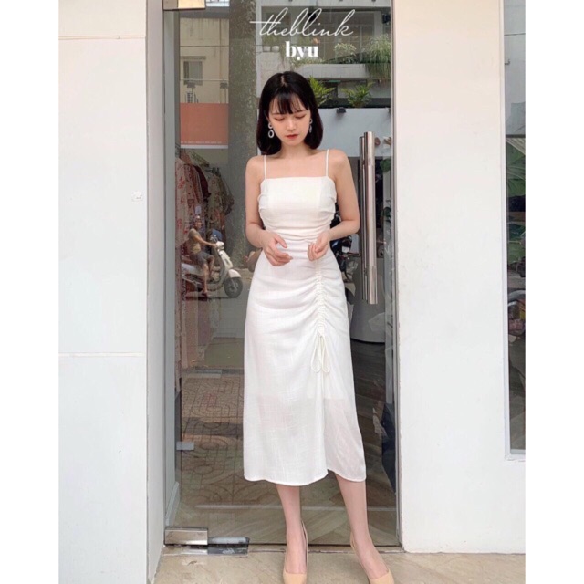 Đầm trắng nhún 2 dây