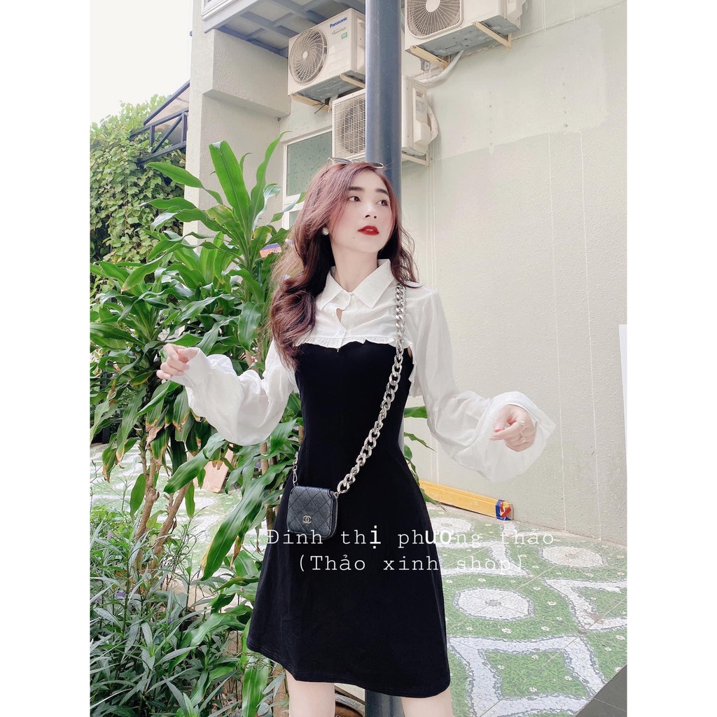 Set váy áo croptop áo sơ mi nữ bèo trắng dài tay mix váy 2 dây body đầm xòe công sở thời trang nữ LD003 | BigBuy360 - bigbuy360.vn