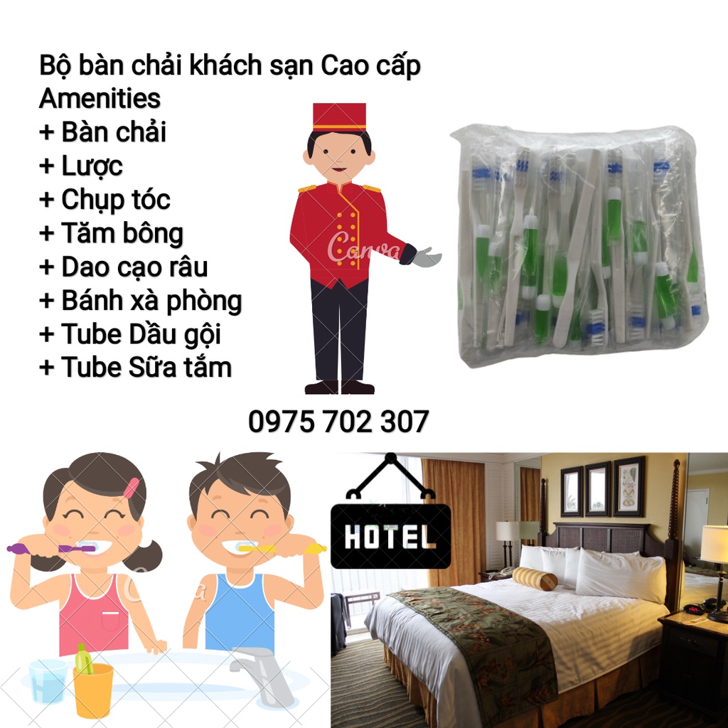 Bàn chải đánh răng khách sạn, dùng 1 lần đi du lịch, kem đánh răng cao cấp túi 100 cái
