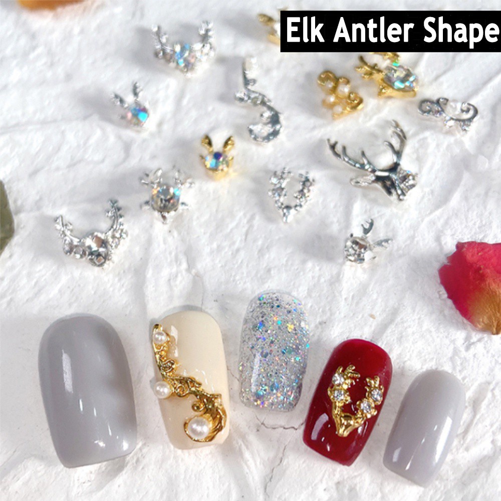 Set 10 Phụ Kiện Trang Trí Móng Tay Hình Sừng Hươu 3D Bằng Kim Loại Sang Trọng