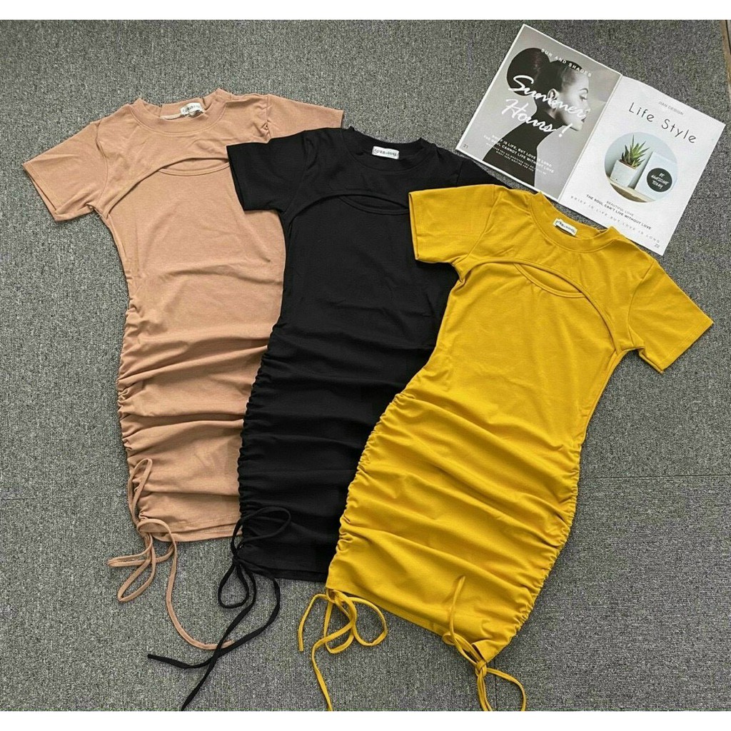 [HOT] Đầm body khoét ngực dây rút 2 bên chất borip dày 3 màu TV244210