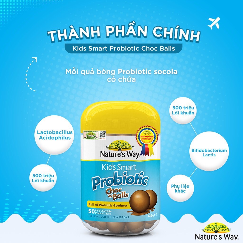 (NK Chính hãng) Kẹo Dẻo Cho Lợi Khuẩn Tốt Cho Hệ Tiêu Hoá   Bé Nature's Way Kids Smart Probiotic Choc Balls Lọ 50 Viên