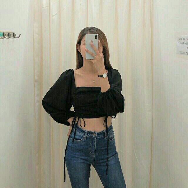 Áo kiểu chất voan rút dây 2 bên tay dài_áo croptop