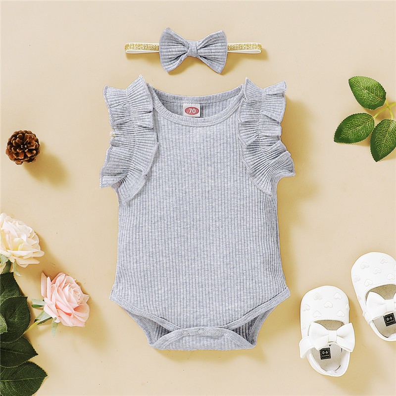 Bộ Áo Liền Quần Tay Ngắn Chất Cotton + Băng Đô Cài Tóc Mikrdoo Cho Bé