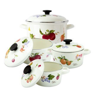Bộ 4 nồi sứ tráng men Nhật Bản cao cấp bếp từ Fujihoro FRV-4 ( hoa văn trái cây )