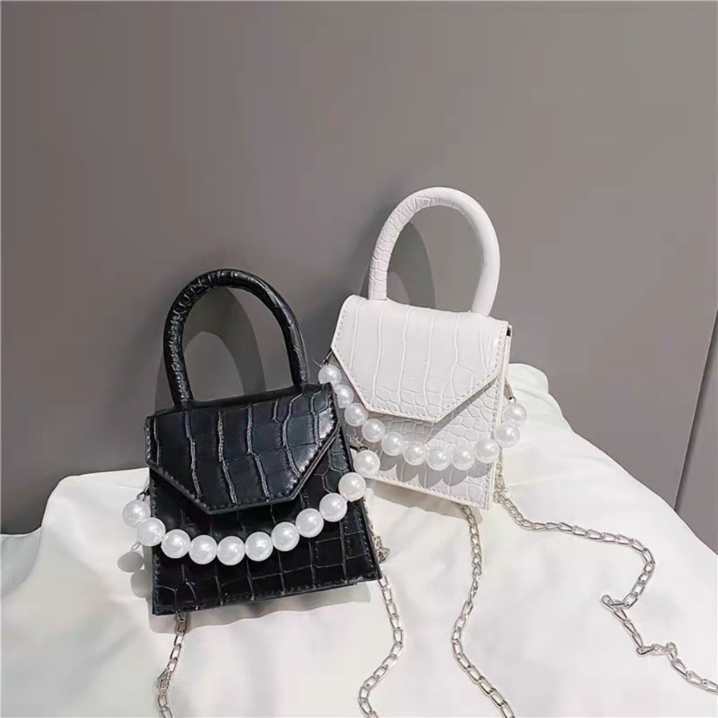 Túi mini nữ đeo chéo đeo vai  có quai xách phối ngọc TE09, túi xách nữ hàng quảng châu nhỏ xinh