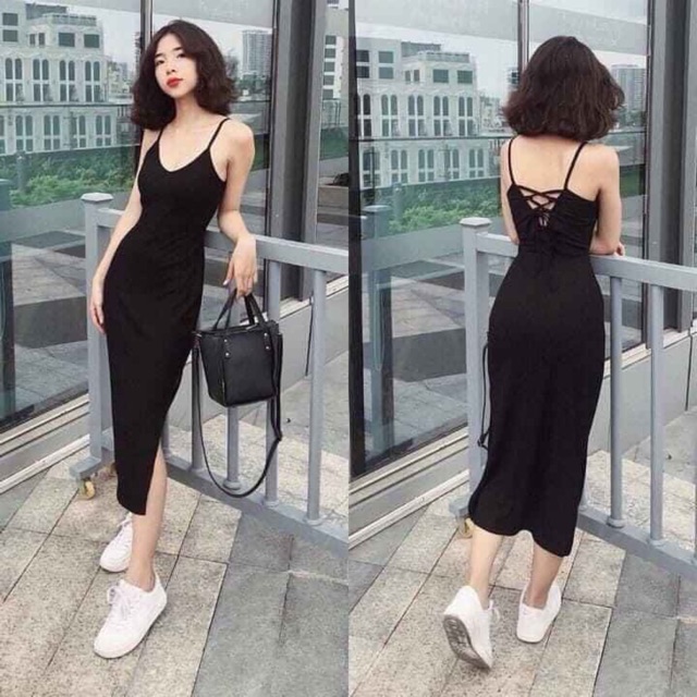 FF504 Đầm hai dây có đan chéo sau lưng form dài