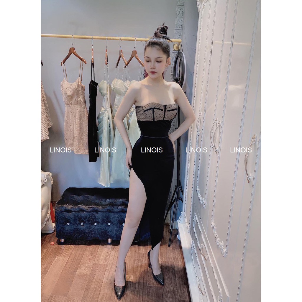 Đầm Body Nhung Bo Eo, Xẻ Tà, Cúp Ngực Họa Tiết Chấm Bi - Vải Nhung - Màu Đen - Dành Cho Nàng Đi Tiệc - ẢNH THẬT