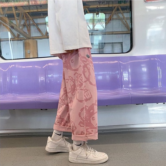 Porozi  Quần dài ống rộng lưng cao in họa tiết 3 màu tùy chọn thời trang Hàn Quốc cho nữ