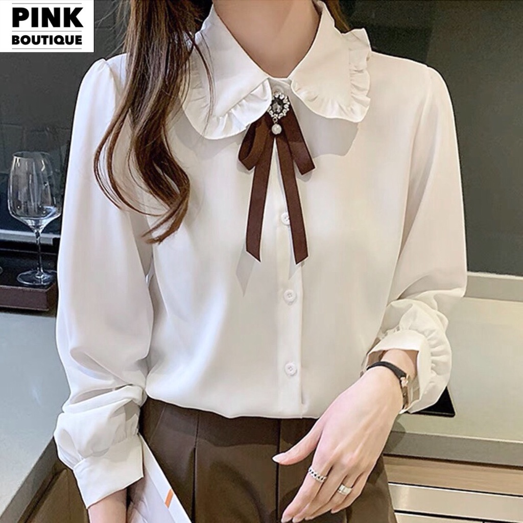 Áo Sơ Mi Trắng Nữ Công Sỏ Áo Kiểu Cổ Đức Bèo Dài Tay Vân Lụa Thiết Kế PINK BOUTIQUE