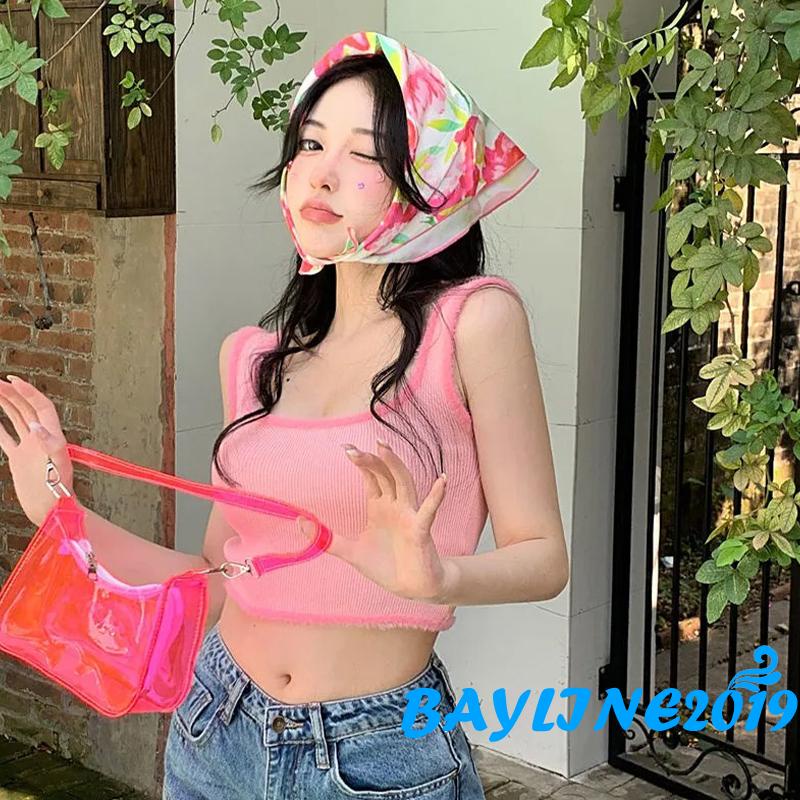 BAY-Women Summer Crop Tops, Plush Hem Decor Ribbed Bottoming Sleeveless Elastic U-neck Camisole