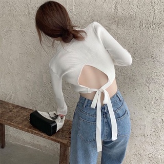 Áo len tăm nữ dài tay cổ bẻ xẻ V dây buộc sau hở lưng - Áo croptop hai màu đen trắng hở lưng