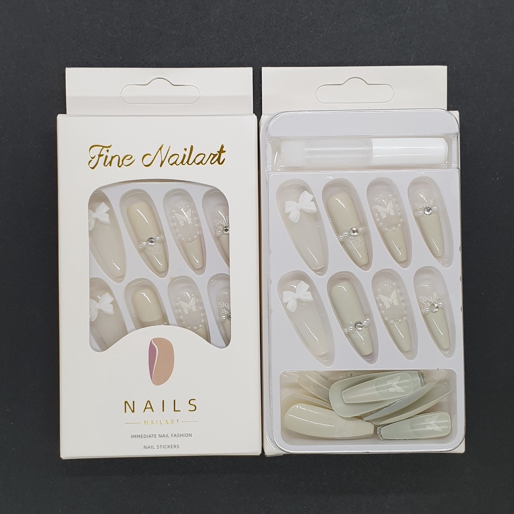 Móng tay giả trắng đính nơ sang trọng  💖 SẴN KEO DÁN 💖