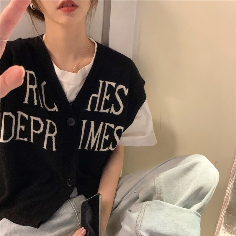 Áo Sát Nách Dệt Kim Dáng Rộng In Chữ Kiểu Vintage Cá Tính