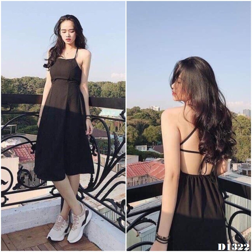 [ Hình thật ] D1322 Đầm đen maxi yếm dây lưng