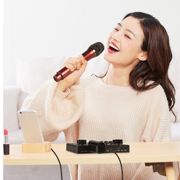 Micro hát karaoke chất liệu thép - míc hát chuyên nghiệp Ontekco Mu02 màu xanh đỏ không dây