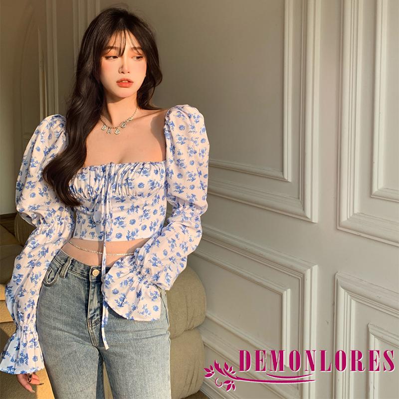 Áo Croptop Tay Dài Cổ Vuông Thời Trang Cho Nữ