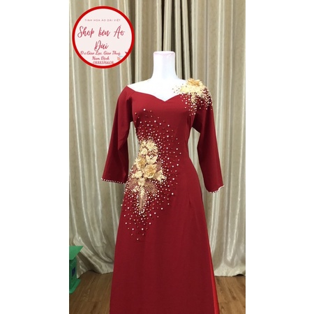 Áo dài đỏ đô đính kết cổ trong phối ren vàng đồng, thiết kế 2 tà, tay lỡ điệu xinh | BigBuy360 - bigbuy360.vn