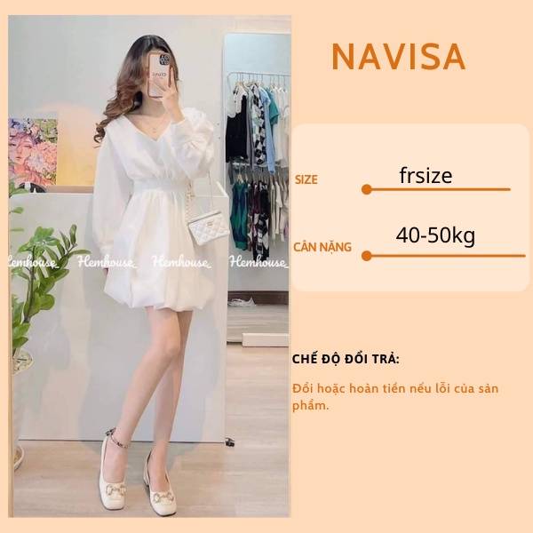 Đầm trắng nữ cổ tim tay bồng phong cách hàn quốc NAVISA V307
