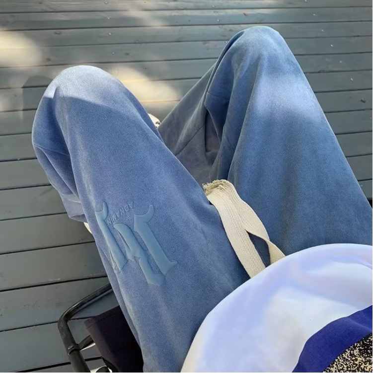 Quần âu nam Phong cách Hàn Quốc thời trang da hươu lông cừu nam giản dị thẳng quần cổ điển rt chữ in unisex dây rút ống rộng quần bình thường